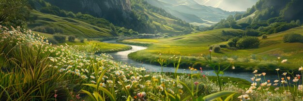 Photo a picturesque valley with a winding river and blooming wildflowers