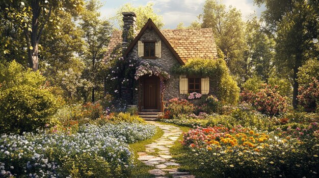 Photo a picturesque view of a charming summer cottage surrounded by blooming gardens