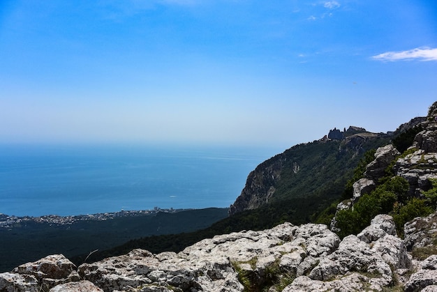 Picturesque view of the city of Yalta and the Black Sea from Ai Petri mountain in the Crimea Russia