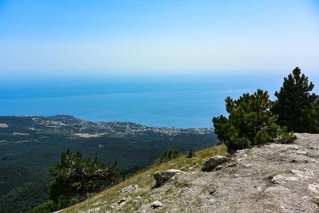 Picturesque view of the city of Yalta and the Black Sea from Ai Petri mountain in the Crimea Russia