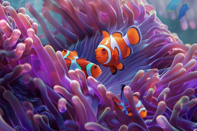 A picturesque view of a clownfish family including generative ai