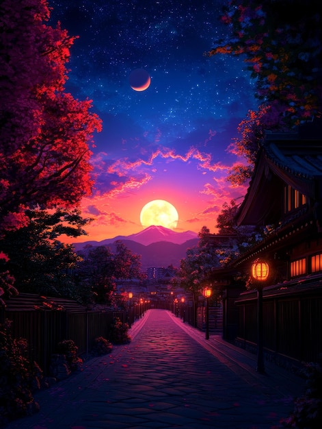 Photo a picturesque view of a cobblestone street leading through a japanese village illuminated by w