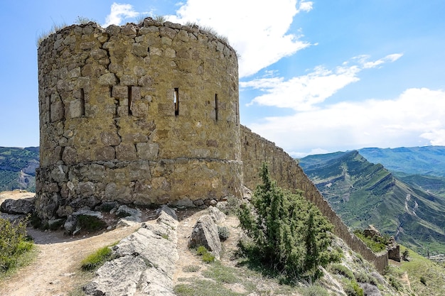 Picturesque view of the Gunib Fortress A protective wall Russia Dagestan June 2021