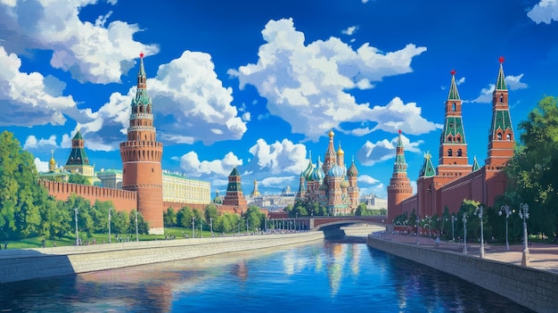 A picturesque view of the Kremlin and the Moskva River showcasing iconic architecture under a bright blue sky