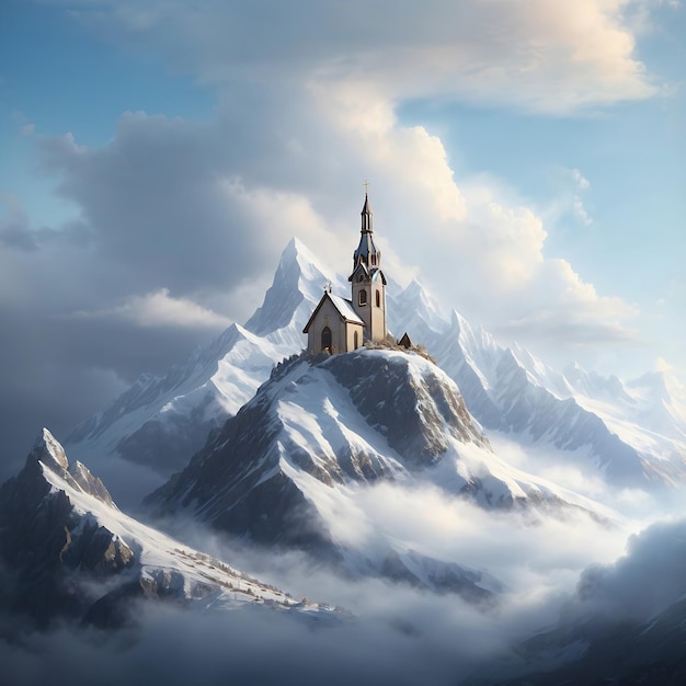 A picturesque view of a mountain range with a small church perched atop a cloud Ai Generated