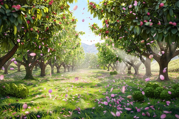 Photo a picturesque view of a peach orchard in the springtime with sunlight streaming through the trees and pink petals falling to the ground generative ai