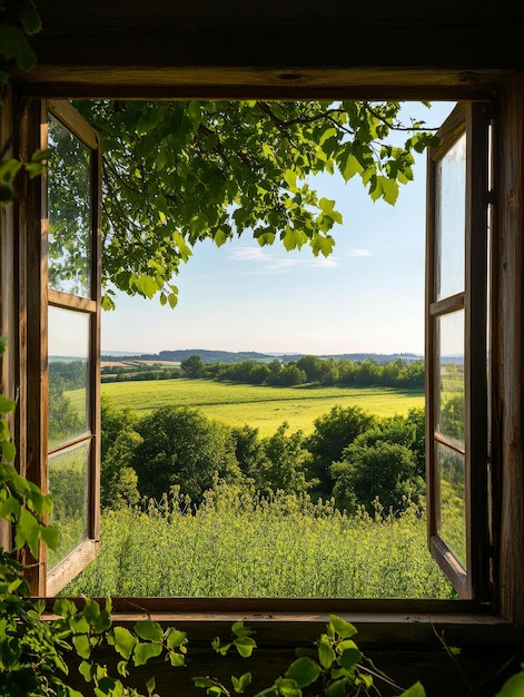 Photo a picturesque view of a rural landscape seen through an open window showcasing a serene field