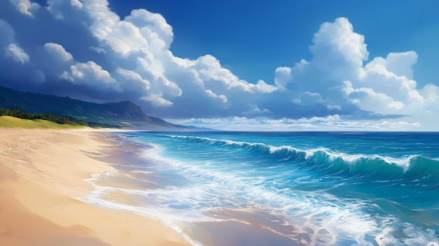 A picturesque view of a sandy beach with turquoise water and puffy clouds in the blue sky