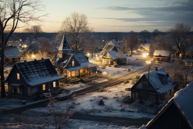 A picturesque view of snow covered houses their windows glowing with warmth against the backdrop of a starry night sky Generative AI