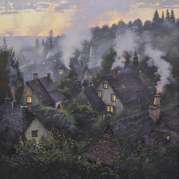 Photo a picturesque village nestled amidst rolling hills bathed in a soft ethereal glow as smoke curls from chimneys creating a sense of warmth and tranquility