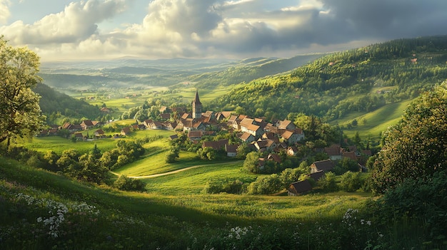 A picturesque village nestled in rolling green hills with a tall church spire and sunlight breaking through the clouds