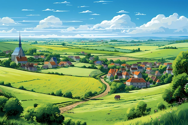 Picturesque Village in a Rolling Green Valley