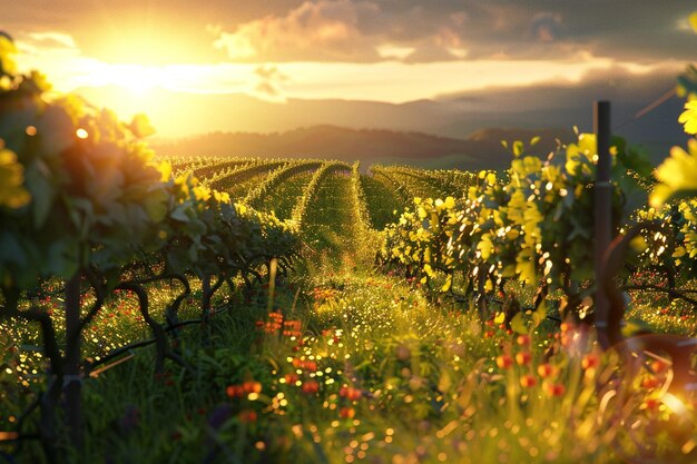 A picturesque vineyard at sunset