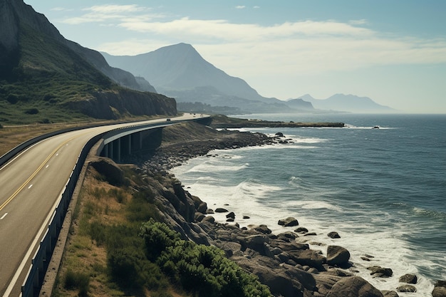 A picturesque vista of a coastal highway near the ocean bordered by rugged cliffs Generative Ai