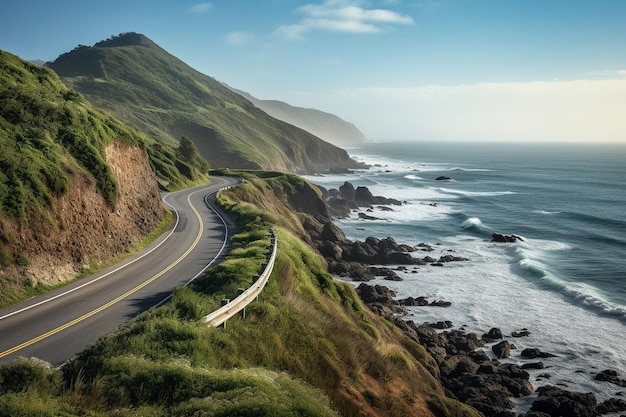 A picturesque vista of a coastal highway near the ocean bordered by rugged cliffs Generative Ai