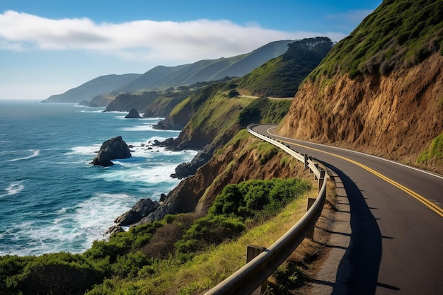 A picturesque vista of a coastal highway near the ocean bordered by rugged cliffs Generative Ai