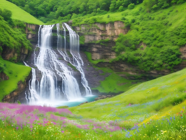 picturesque waterfall nestled in a lush green valley with wildflowers blooming nearby