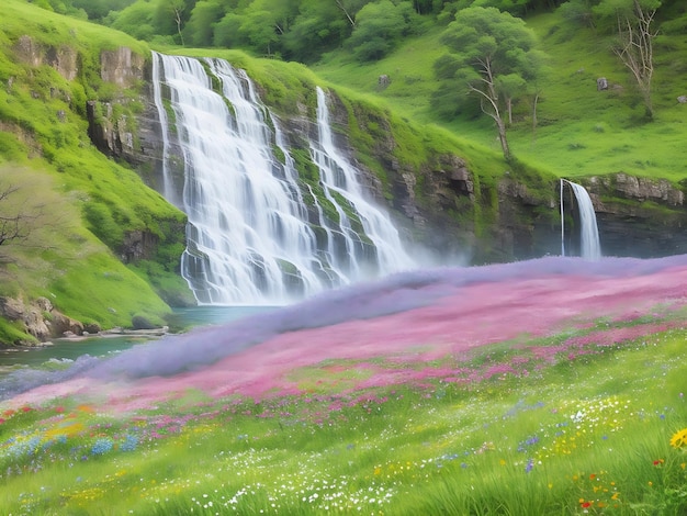 picturesque waterfall nestled in a lush green valley with wildflowers blooming nearby