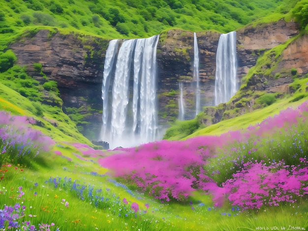 picturesque waterfall nestled in a lush green valley with wildflowers blooming nearby