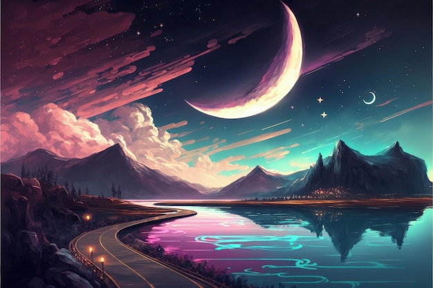 A picturesque waterway in a vibrant rural setting is set against a backdrop of ominous dark clouds and a crescent moon Fantasy concept Illustration painting Generative AI