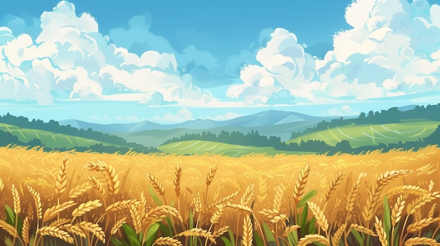 Picturesque Wheat Field Border against Blue Sky