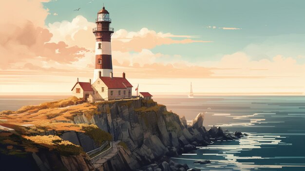 Picturesque white lighthouse situated on a rocky cliff Generative AI image