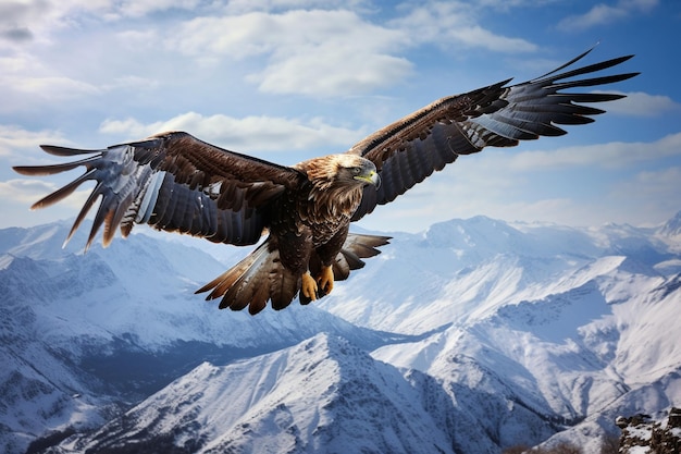 A picturesque winter backdrop showcasing a majestic hawk soaring gracefully