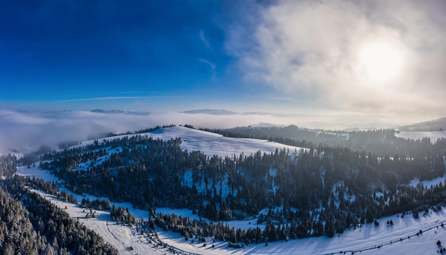 Picturesque winter panorama of mountain hills covered with snow and fir trees on a sunny clear day with the sun and blue sky. Pristine Nature Beauty Concept. Copyspace