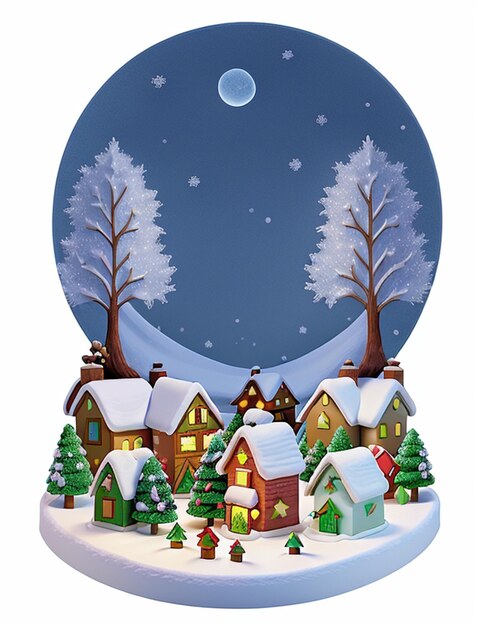 A picturesque winter scene captured in a snow globe with a village and trees