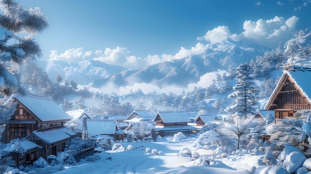 Picturesque Winter Scene of a Traditional Japanese Village Nestled in Snow Capped Mountains