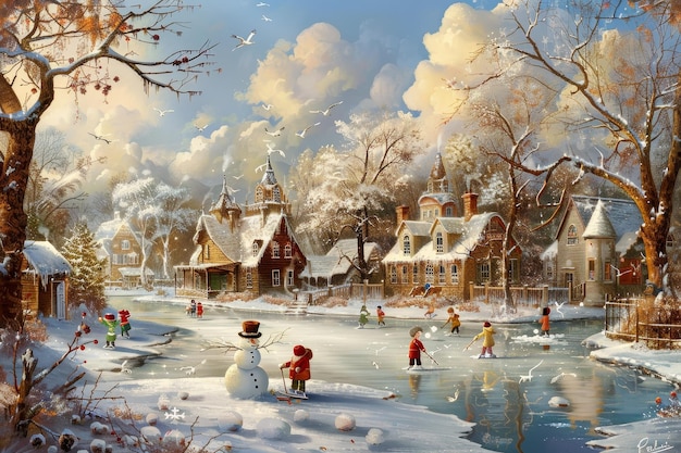 A picturesque winter scene with children playing on a frozen pond in front of charming snowcovered houses A nostalgic scene of children building snowmen and ice skating on a frozen pond