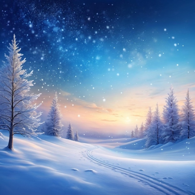 Picturesque winter scene with snowcovered plain and trees silhouetted against a vibrant night sky Gentle snowfall adds magical touch creating tranquil and breathtaking landscape Generated AI