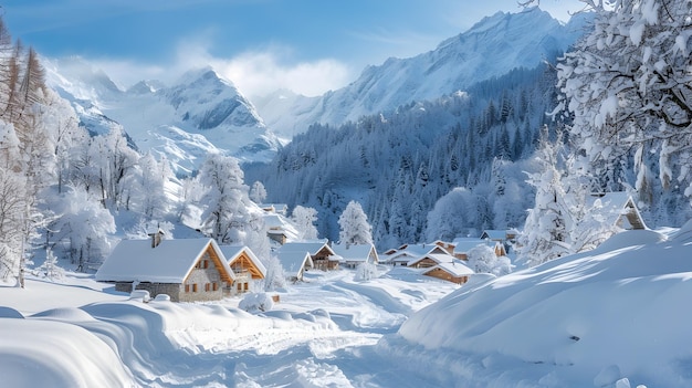 Picturesque Winter Wonderland Serene Alpine Village in Snowy Mountain Valley