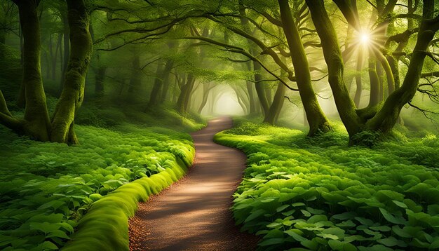 Photo picturesque woodland path winding through a green forest