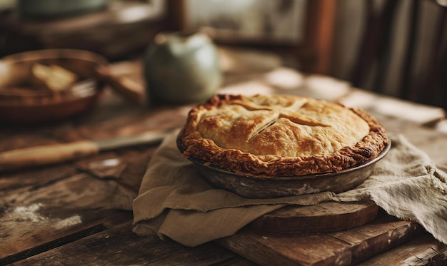 A pie on country wooden table and rural background illuminated with natural sunlight