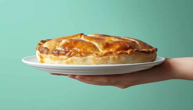 Photo a pie is being held up in a hand with a green background