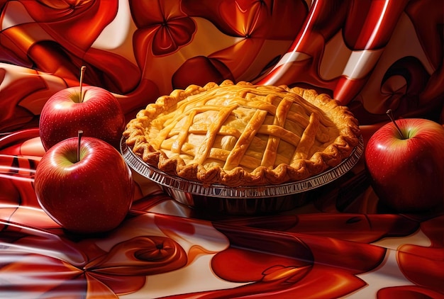 a pie is placed on a table next to apples a patterned background