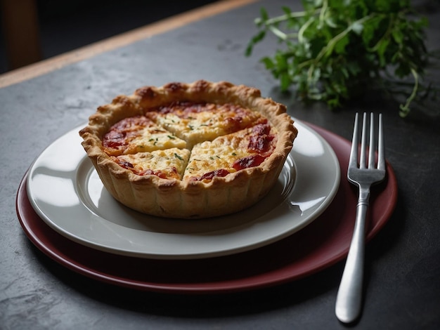 Photo a pie sits on a plate with a fork next to it