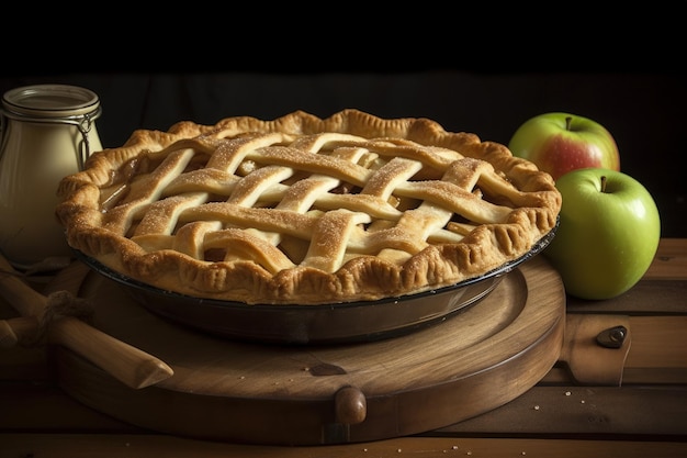 A pie sitting on top of a wooden table next to an apple generative AI