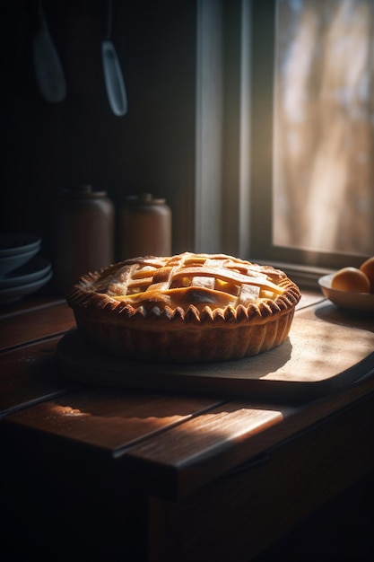 A pie on a table with a window behind it