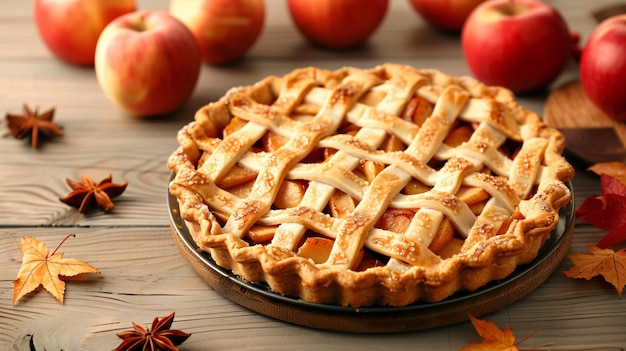 a pie with apples and apples on a table