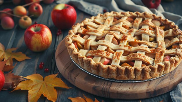 a pie with apples and apples on a table