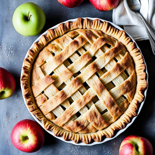 a pie with apples and apples on a table