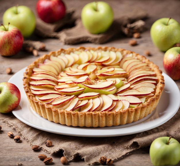 Photo a pie with apples and apples on a table