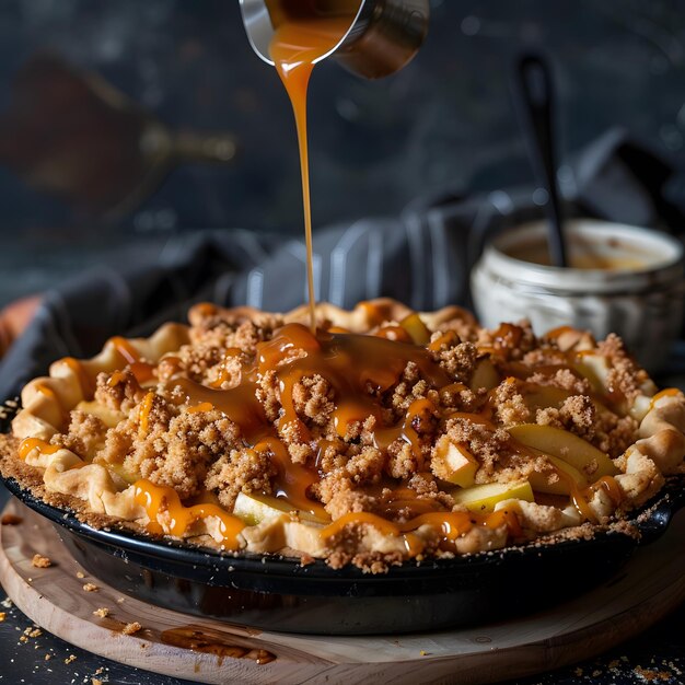 a pie with caramel sauce pouring out of it