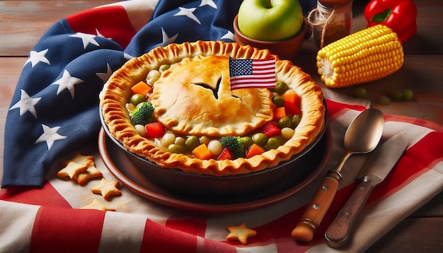 a pie with a flag on it sits on a table with apples and apple pie