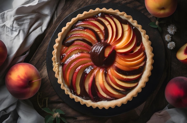 A pie with fresh peaches and chocolate frosting Generative AI