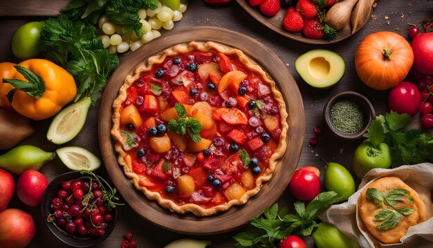 a pie with fruit on it and a plate of fruit on it