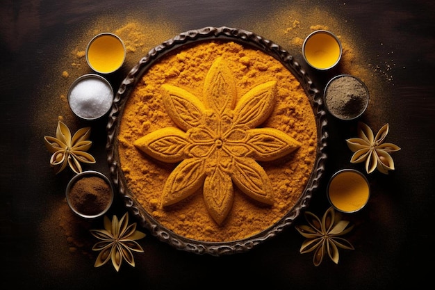 a pie with a gold leaf on it is surrounded by spices and spices.