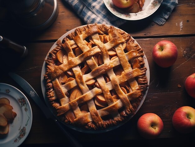 A pie with lattice crust and apples on a table